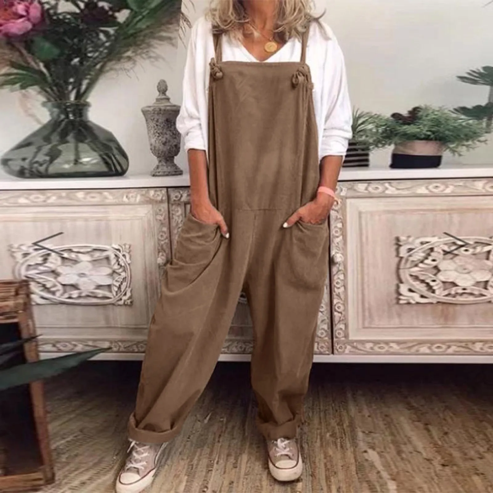 

2024 Women Casual Solid Color Strappy Dungarees Vintage Cotton Linen Loose Party Long Harem Overalls Rompers Wide Leg Jumpsuit