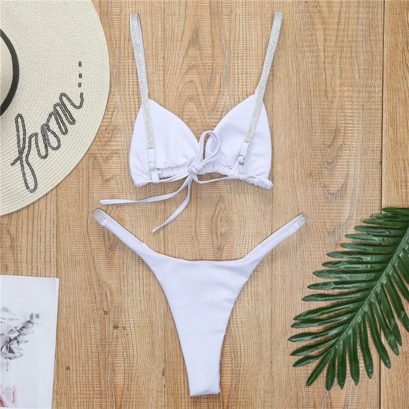 Sexy 2 Piece Bikini Set for Women String Tie Triangle Thong Sparkly Metallic Shiny Swimsuit