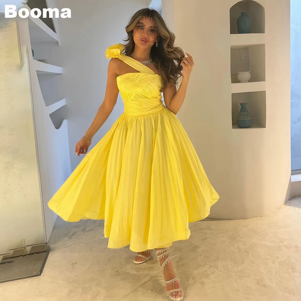 

Booma Yellow A-Line Midi Prom Dresses One Shoulder Flowers Pleats Women's Evening Dress Saudi Arabic Formal Party Gowns Dubai