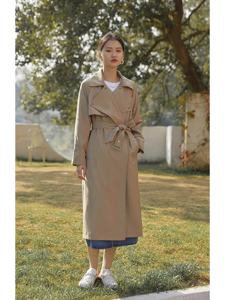 ZIQIAO Japanese Turn-down Collar Full Sleeve Belt Design Long Trench Mid-Length Straight Jacket Solid Spring Khaki Trenches