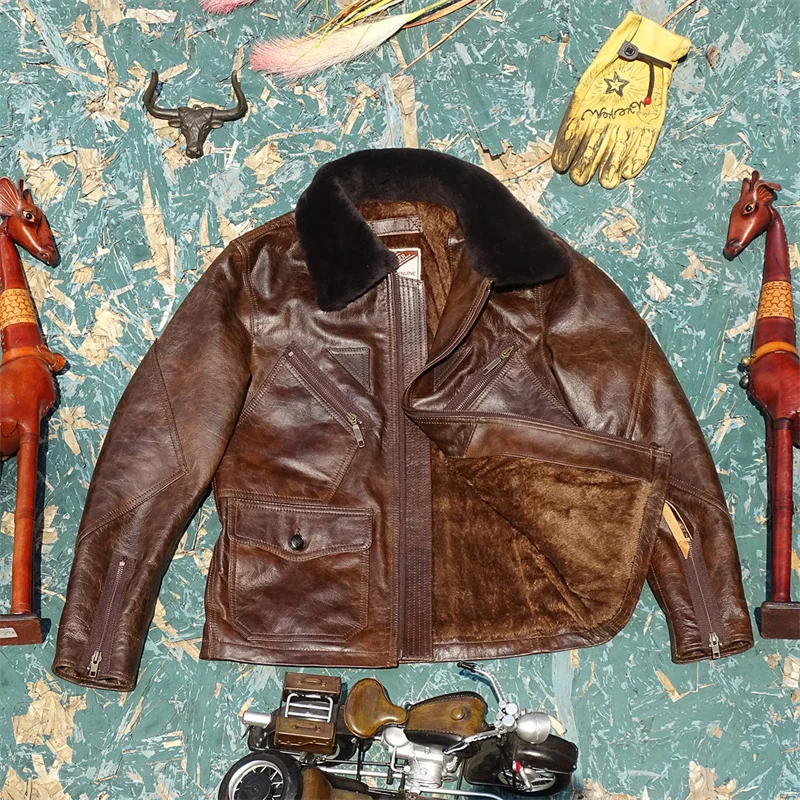 Description Picture 5 of itemFree shipping.Retro Brown navy thick winter warm leather outwear.Men vintage tanned cowhide jacket.plus size thick leather coat