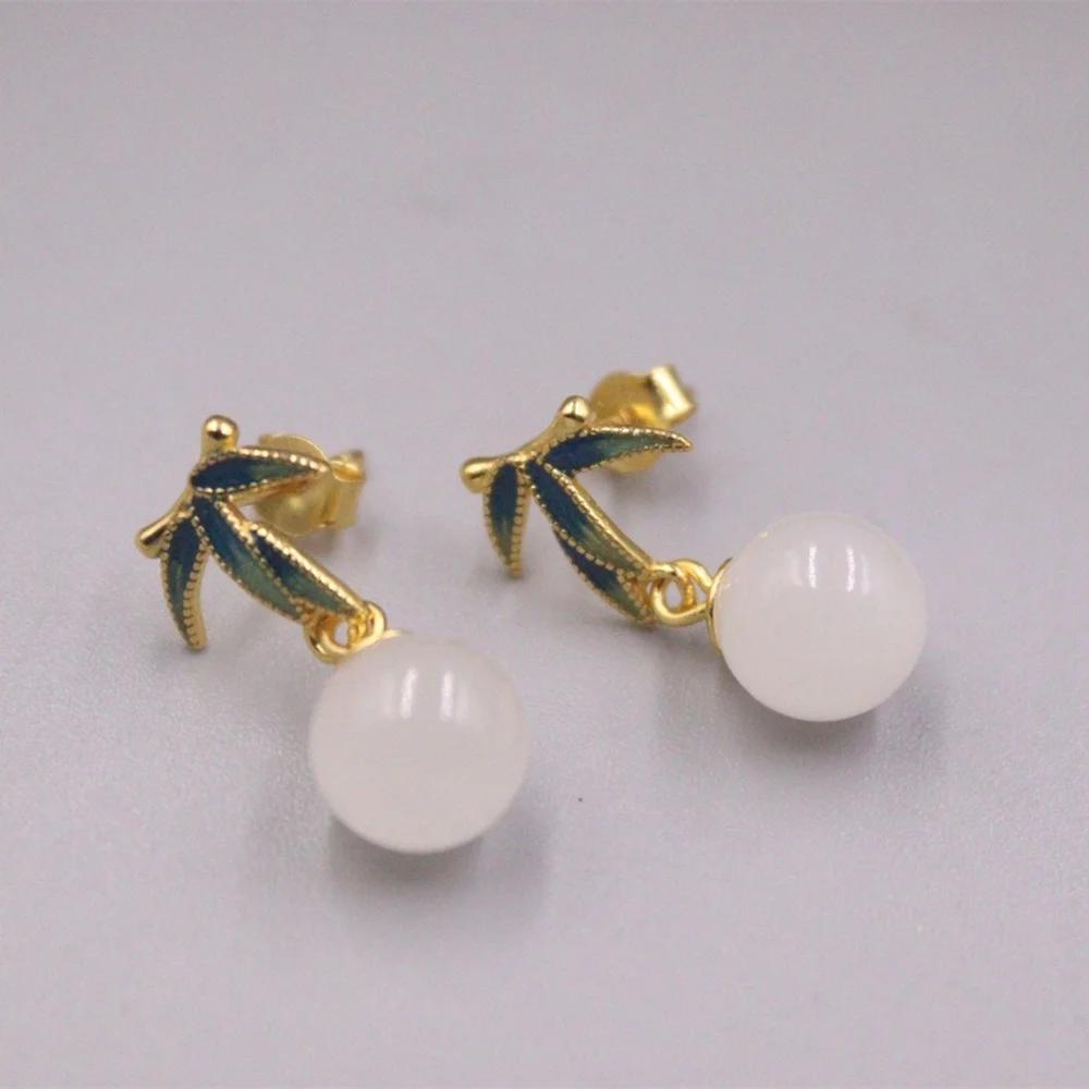 

Real Solid 925 Sterling Silver Natural Jade Women Lucky Bead Enamel Bamboo Leaf Dangle Earrings