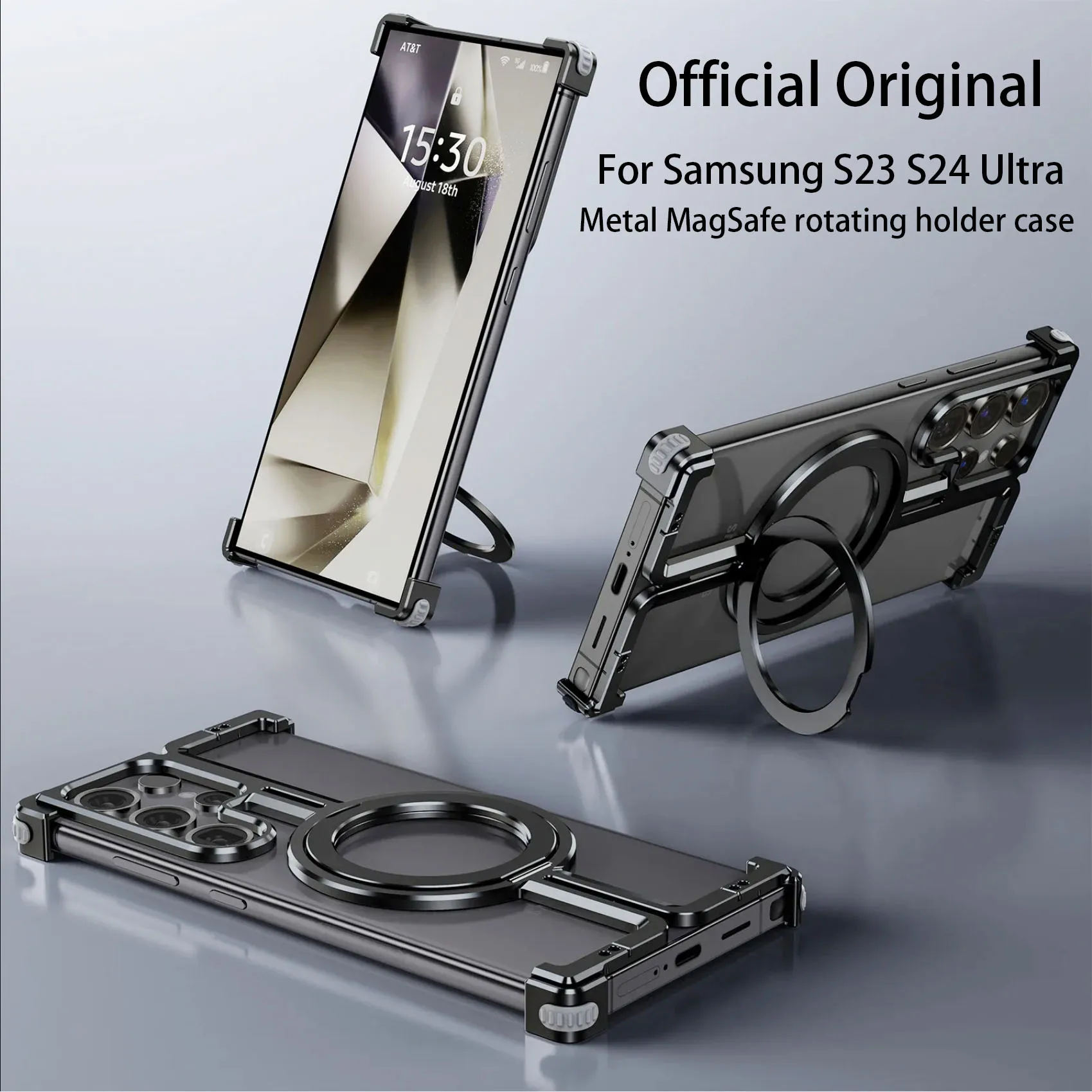 For Samsung Galaxy S24 S23 Ultra Case Luxury Magnetic Magsafe Rimless Metal Titanium Stand Shell Shockproof Protection Cover