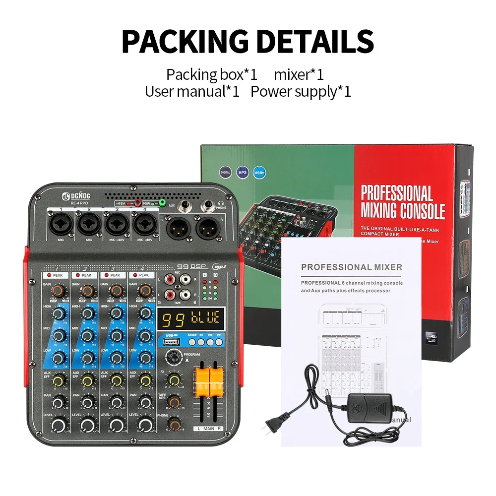 RE-4 PRO 6 Channel Audio Mixer 99 DSP Effects Sound Mixing DJ Console with Bluetooth USB for Party Recording Studio Computer