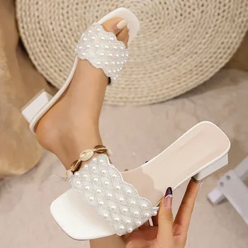 Pearl Decor Low Heels Slippers for Women Summer Square Toe Thick Heel Sandals Woman Plus Size Fashion Party Dress Sandals
