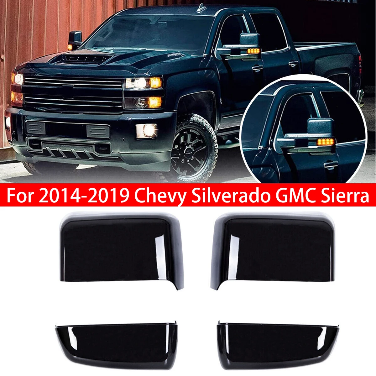 

For 2014-2019 Chevy Silverado GMC Sierra Replacement Car Rearview Side Mirror Cover Wing Cap Exterior Door Case Trim Black Auto