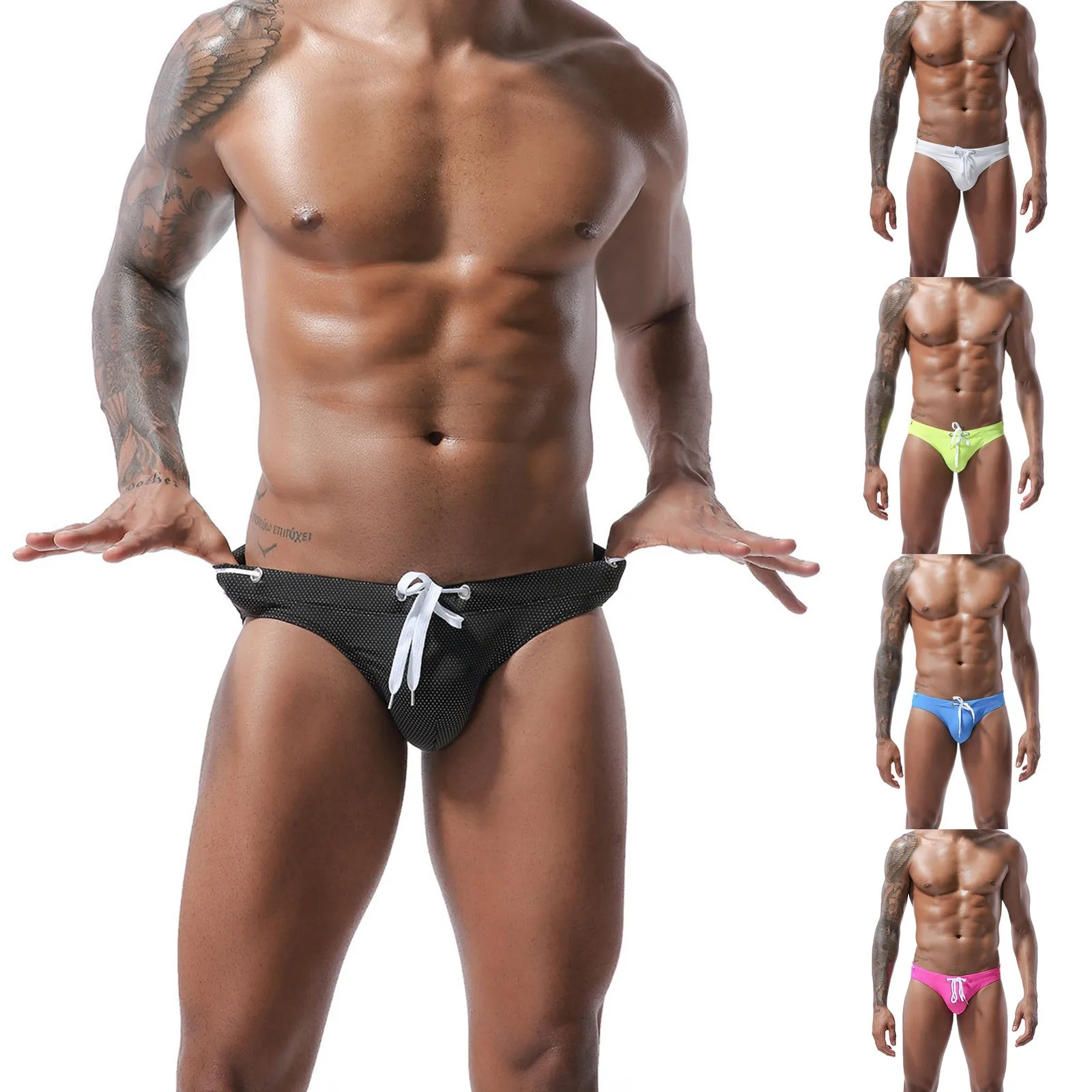 

Mens Sexy Hot Low Waist Brief Swimsuit Underpant Men Push Up Lace Up Triangular Swimwear Luxury Short Trunks Spring Summer Beach