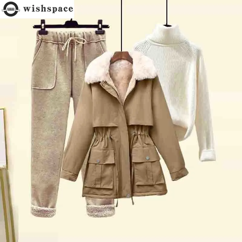 2022 Winter New Pleated Wool Collar Parka High Neck Knitted Sweater Flocked Trousers Three Piece Elegant Women's Pants Set winter turtleneck knitted sweater men 2022 solid color korean fashion slim warm soft stretch wool sweater men pullover clothes