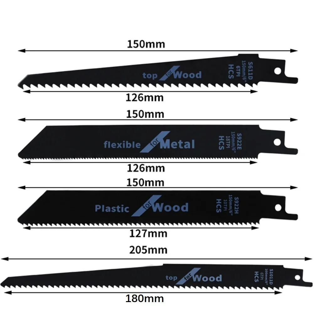 Reciprocating Saw Blades Jig Saw Blades 4pc Reciprocating Saw Blades High Carbon Steel Wood Pruning Saw Blades for Plastic Pipe Metal Cutting S922H/S922E/S611D/S1011D