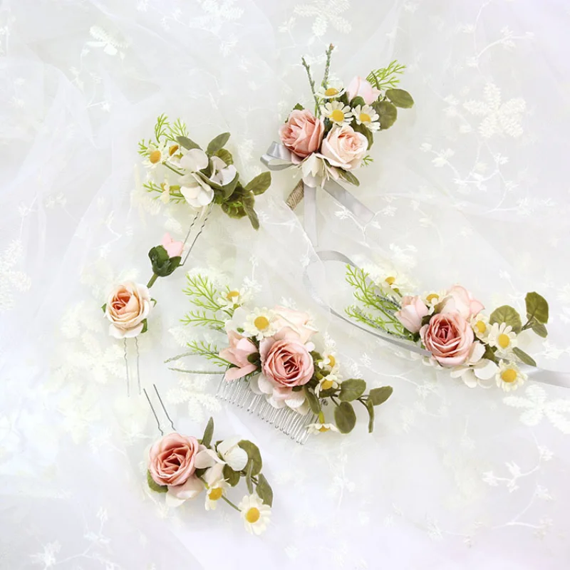 Pink Artifical Headwear Flowers Handmade Floral Comb Garland Bridal Headdress Wedding Decoration Hair Accessories