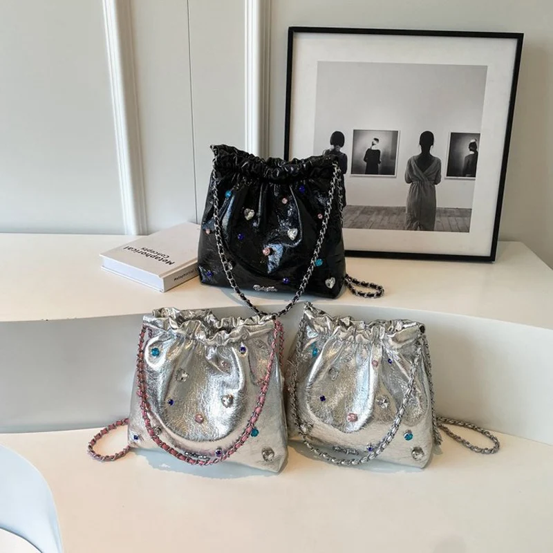 

Diamonds Design Silver Leather Crossbody Bags for Women 2023 Luxury Designer Korean Fashion Chain Shoulder Bag Handbags