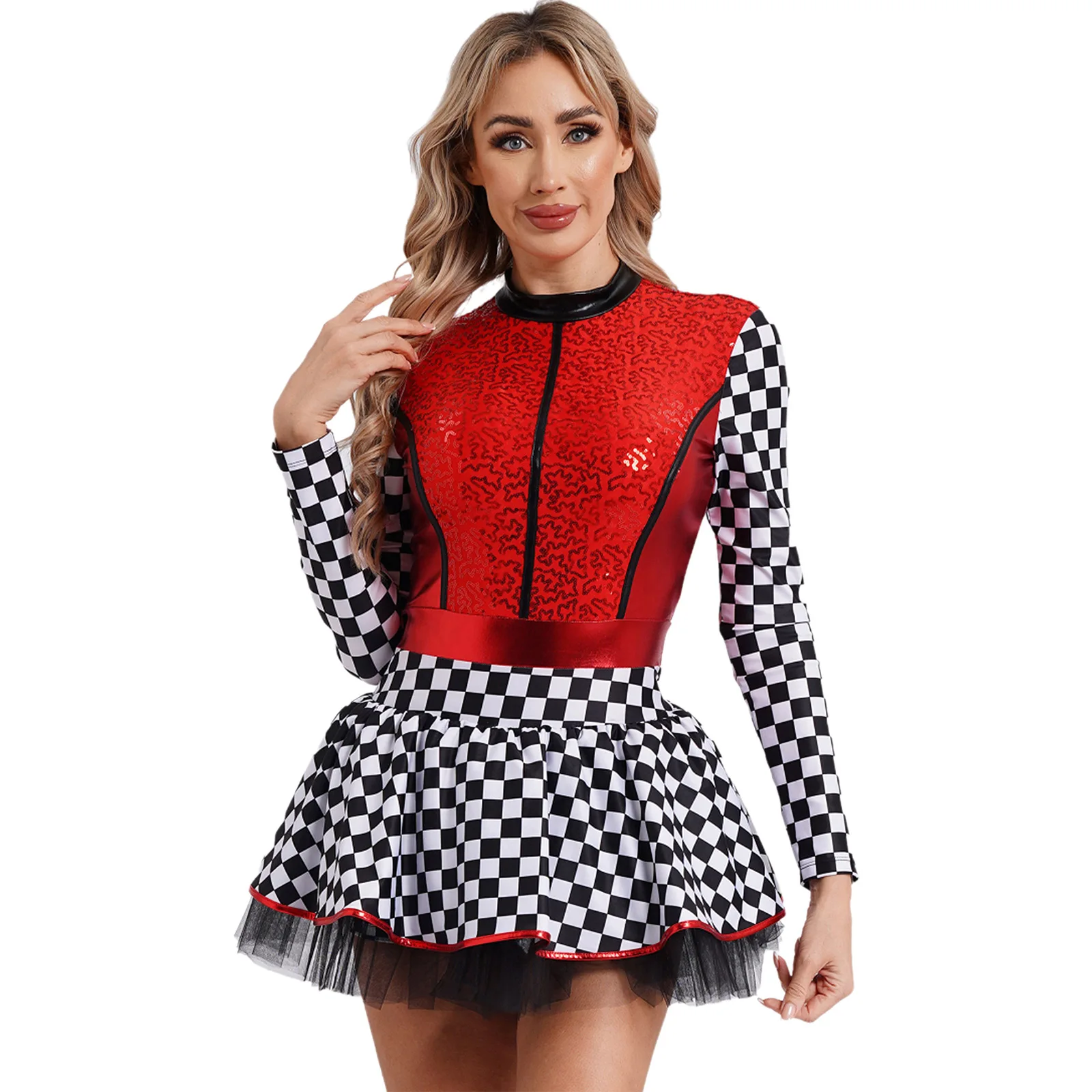 Womens Vintage Checkerboard Print Racer Dress Long Sleeve Sequins A-line Tulle Skirt with Shorts Dress Halloween Party Costumes 2