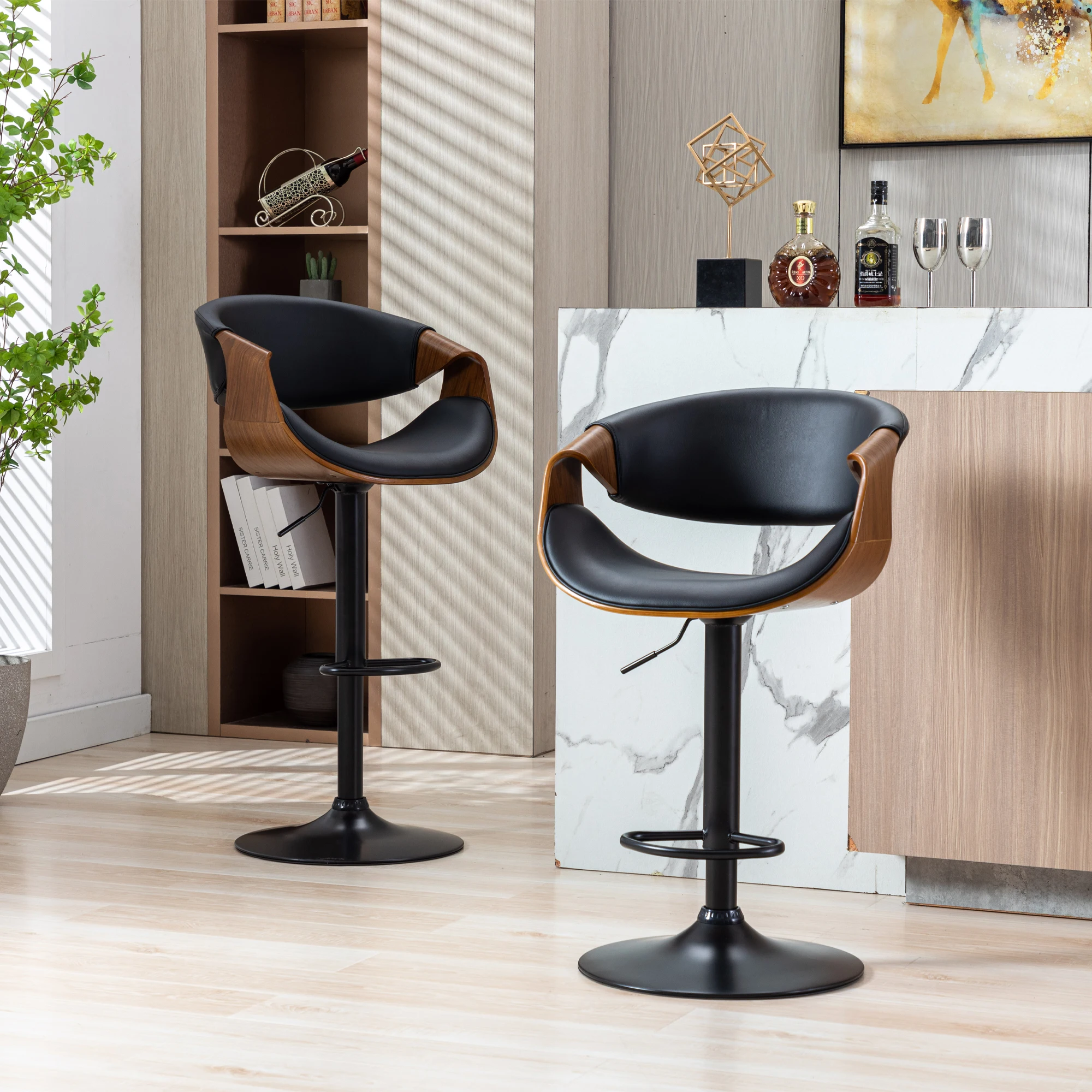 

Adjustable/Swivel Bar Stool, PU Leather Black Bent Wood Bar Chair 1pcs/ctn.