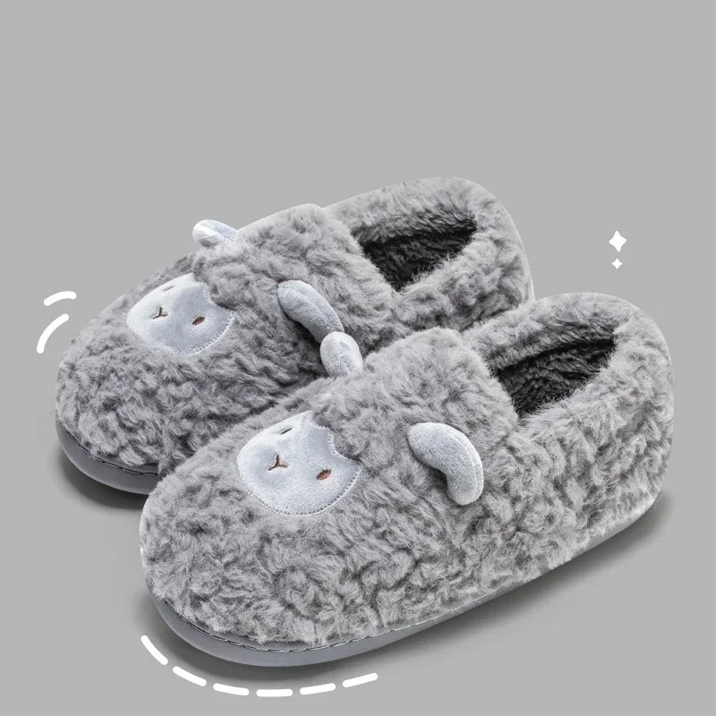 Women Winter Thick Platform Non-slip Cute Sheep Slippers Men Warm Indoor Fur Cotton Sandals Couples Ladies Outdoor Cartoon Shoes 2