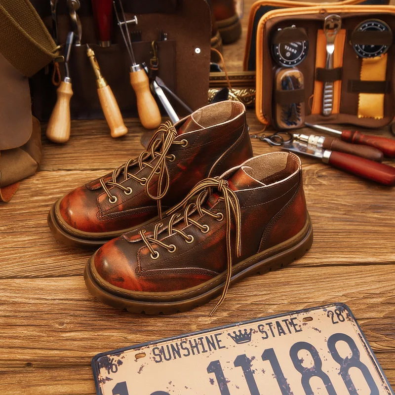 

Men's pure leather boots trend comfortable thick-soled lace-up boots