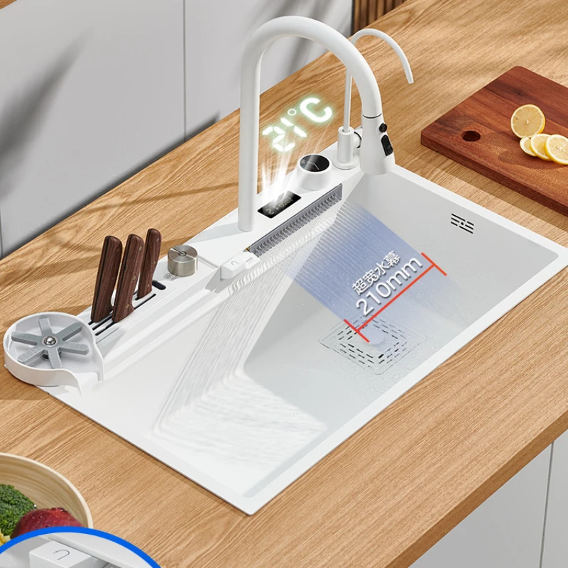 Cream white waterfall large single-slot digital sink 304 stainless steel kitchen household