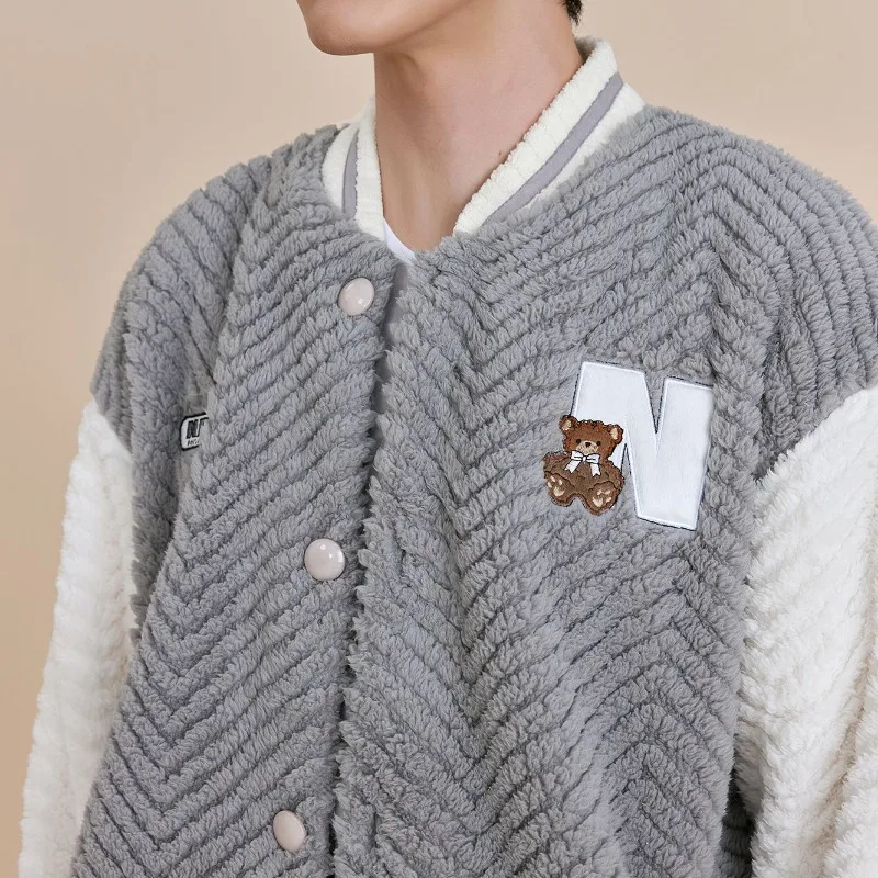 Male Baseball Collar Flannel Home Clothes Outside Wear Autumn Winter Pajamas Men Loose Simple Casual Two-piece Loungewear Suit