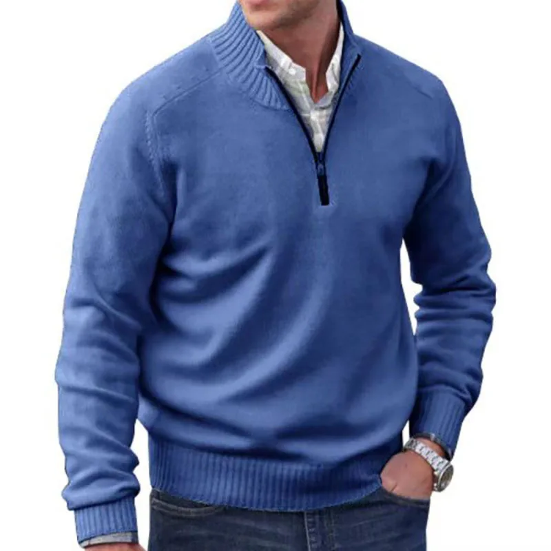 

Autumn Winter Men's Knitted Sweaters Standing Collar Zipper Woolen Warm Knitwear Solid Casual Long Sleeve Cashmere Sweater