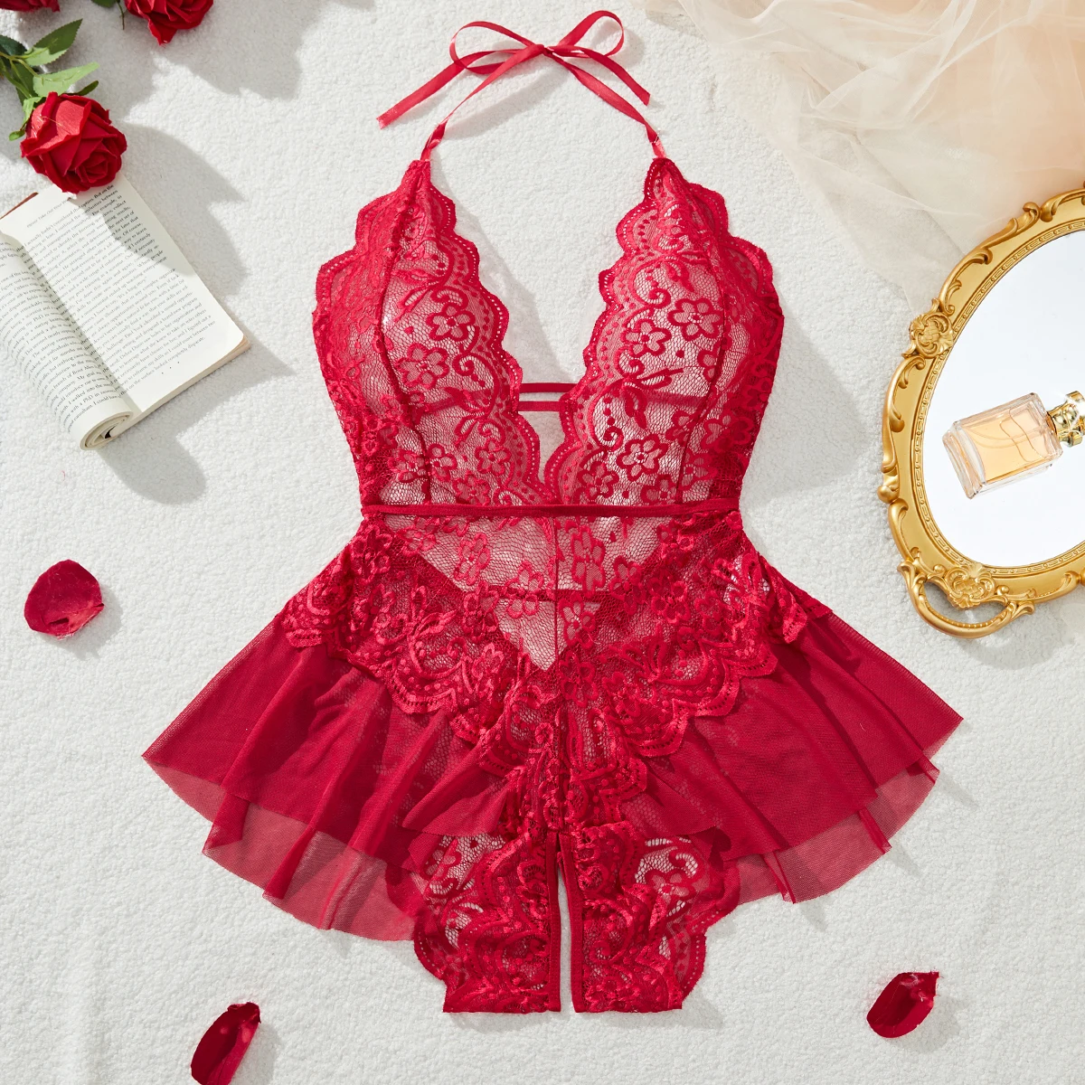 Plus Size 4XL Red Transparent Lingerie For Women Erotic Underwear Sex Pajamas Crotchless Ultra-sexy Porno Lace Fetish Bodysuit