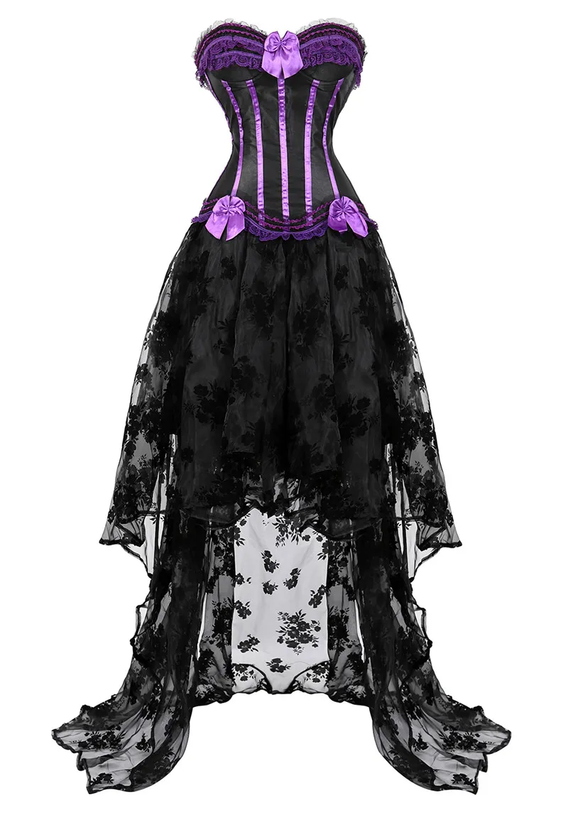 Corset Dress For Women High And Low Skirt Tulle Long Lace Stripe Bustier Plus Size Gothic Burlesque Exotic Costumes Halloween