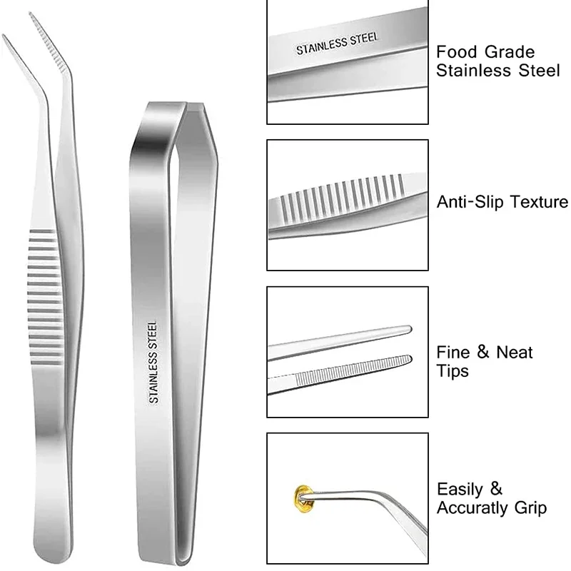 Food Tongs 5 Pack Precision Tweezers Set Stainless Steel Cooking Tongs Serrated Tips Flat Slant Fish Bone Pliers DIY Styling Medical Beauty