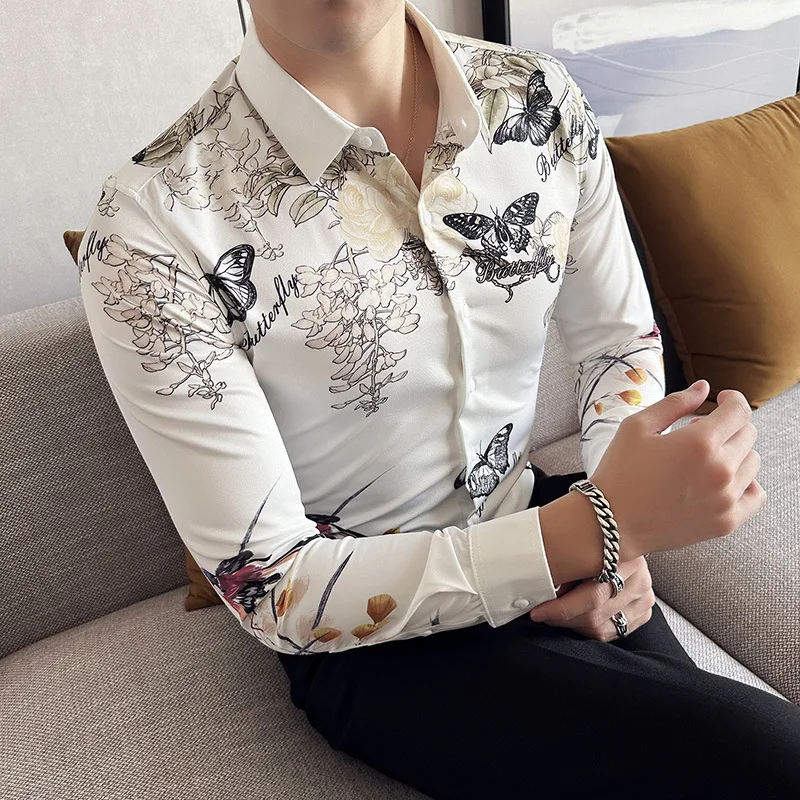 Men's Luxury Design Dress Shirt Long Sleeve Button Down Printed Shirt for Party Prom Wedding Shirt