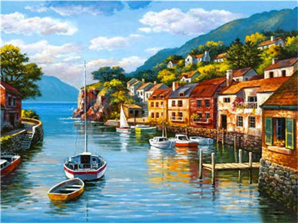 Description Picture 6 of itemLandscape Seaside Town Pre-Printed Cross-Stitch Embroidery Full Kit Knitting Painting Craft Needlework Package Room Decor Needle