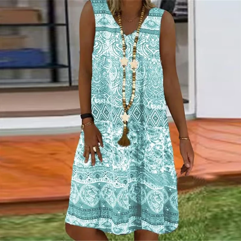 

Женское Повседневное платье миди без рукавов с V-образным вырезом, элегантное свободное пляжное платье с принтом, платья, весна-лето, винтажное платье с принтом в стиле бохо