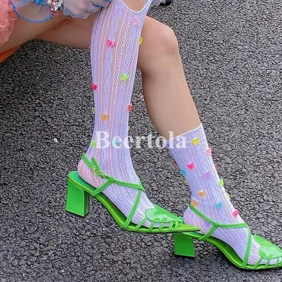 

Lovely Women Heart Shaped Hollow Sandals Pointed Toe Slingback Block Heels Pumps Cross Straps Peep Toe Ladies Party Dress Shoes