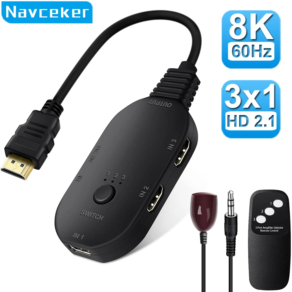 

Navceker HDMI 2.1 Switch Splitter 120Hz 3-port HDMI 4K 120Hz Splitter Switcher 48gbps HDMI 2.1 Switch 8K with remote Dolby Vison