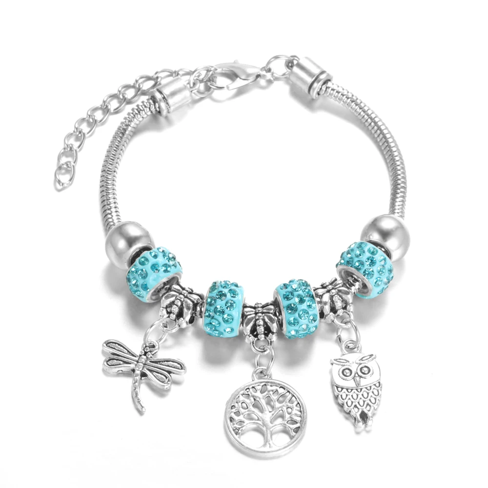 Charm Tree of Life Pendant Beaded Rhinestone Bangle Lobster Buckle Adjustable Snake Chain 5 Color Dragonfly Owl Bracelet Jewelry