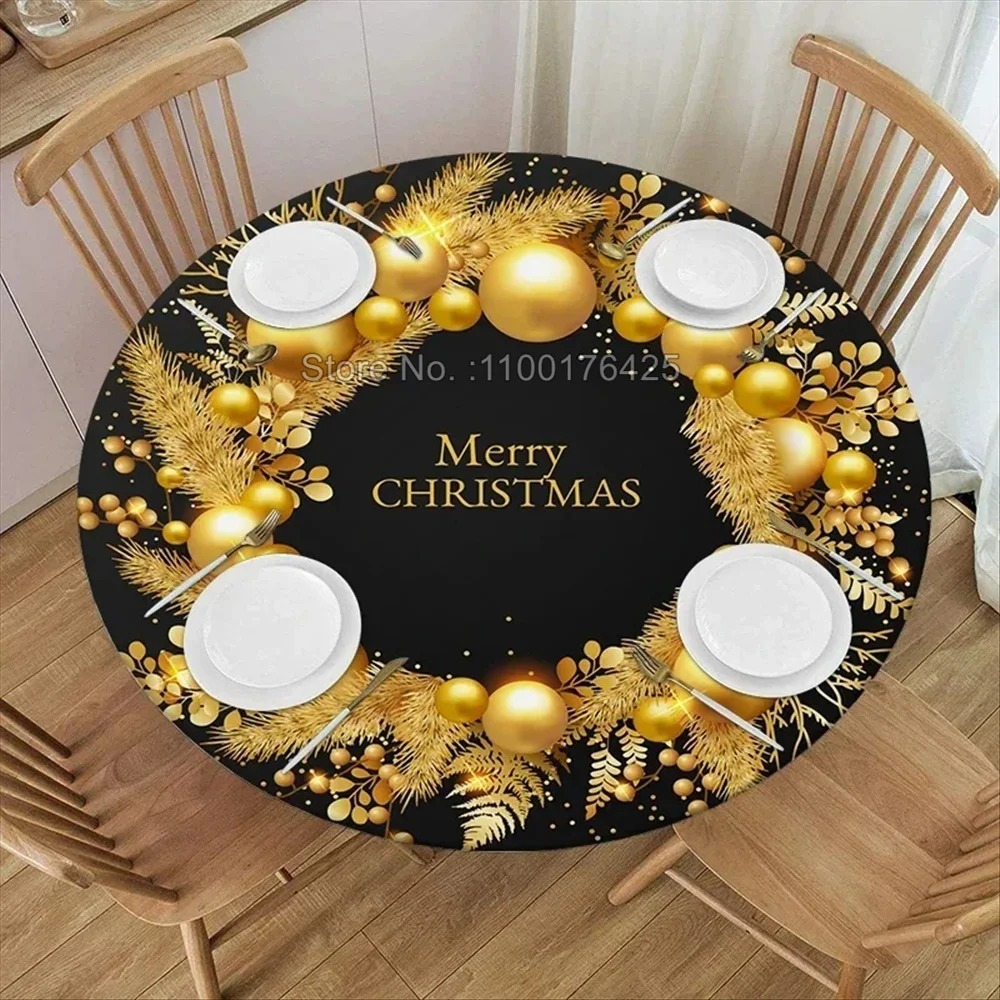 Christmas Round Tablecloth Fitted Elastic Edged Polyester Table Cover for Home Kitchen Picnic Party Ornaments Desk Table Cloth