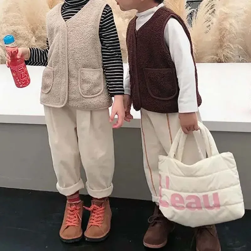 Autumn Winter Baby Lamb Wool Warm Waistcoat Girls Boys Plush Vest Single Breasted Double Layer Child Warm Fashion Coat