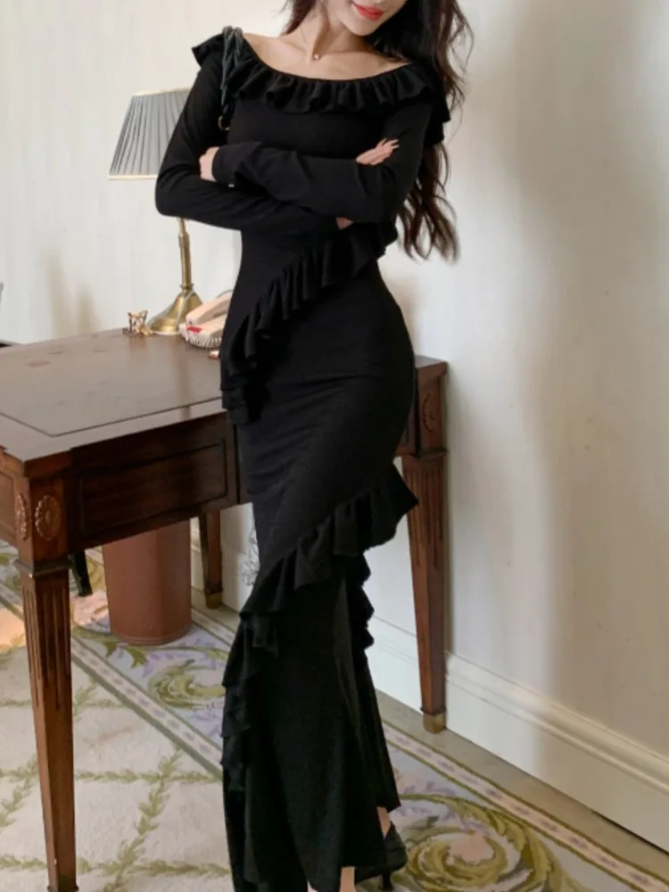 

New Sexy Women Elegant Solid Chic Party Black Dress Vintage Bodycon Slim Casual Birthday Dresses Female Evening Clothes Mujers