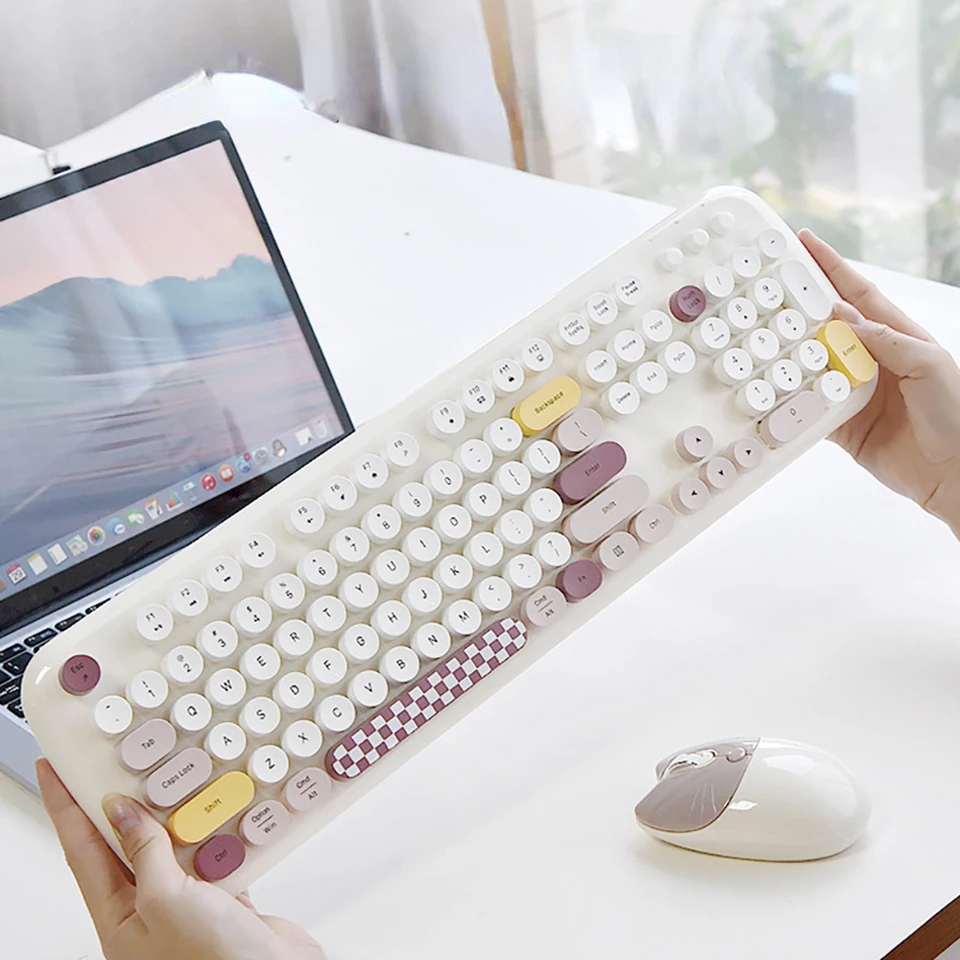 MOFII Set Tastiera E Mouse Wireless Retrò Rotondo | 2,4 GHz, Ricevitore USB, Tasti Multimediali, Design Ispirato Alla Macchina Da Scrivere, Per PC E Laptop