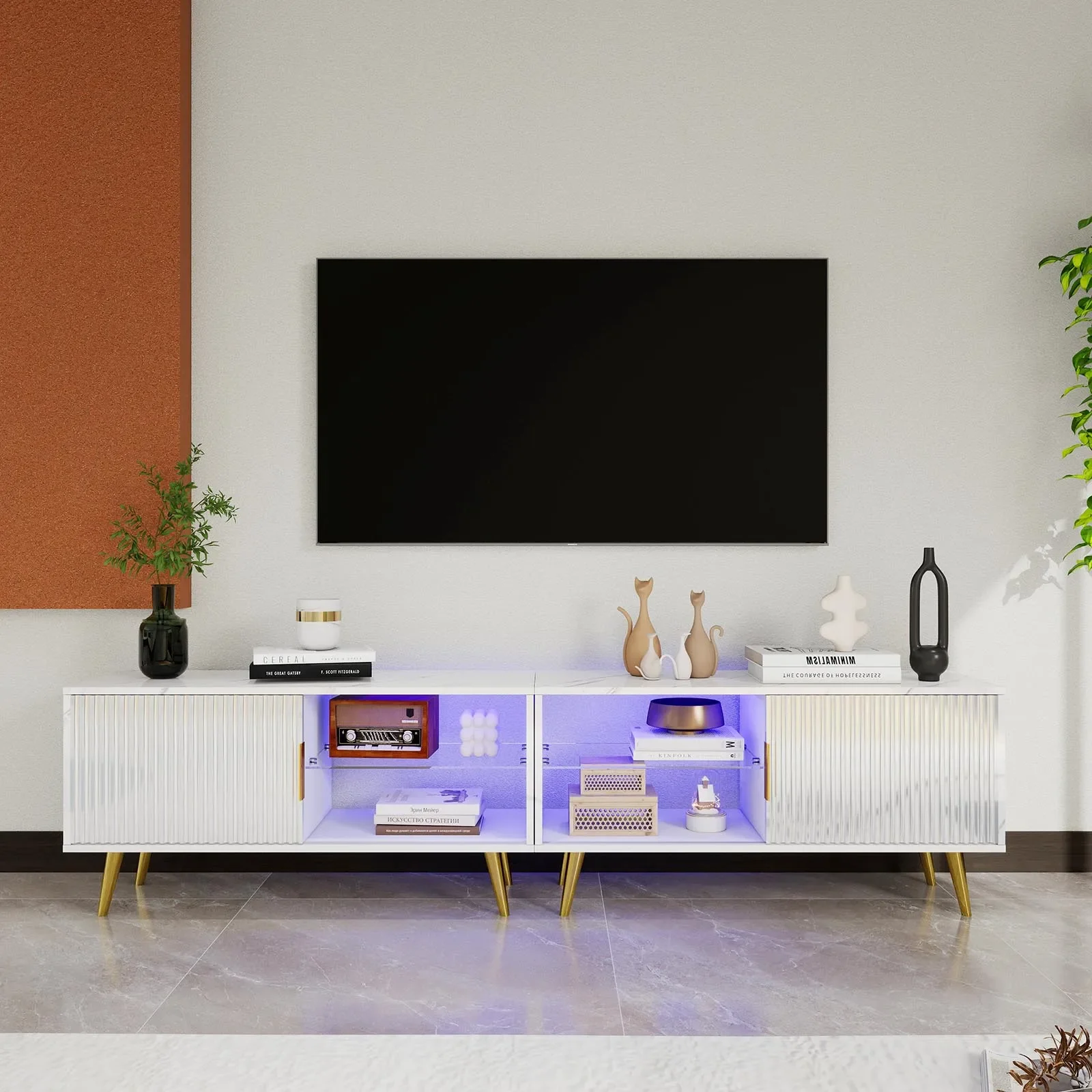 Wooden TV Cabinet with LED Lights and Doors for Living Room