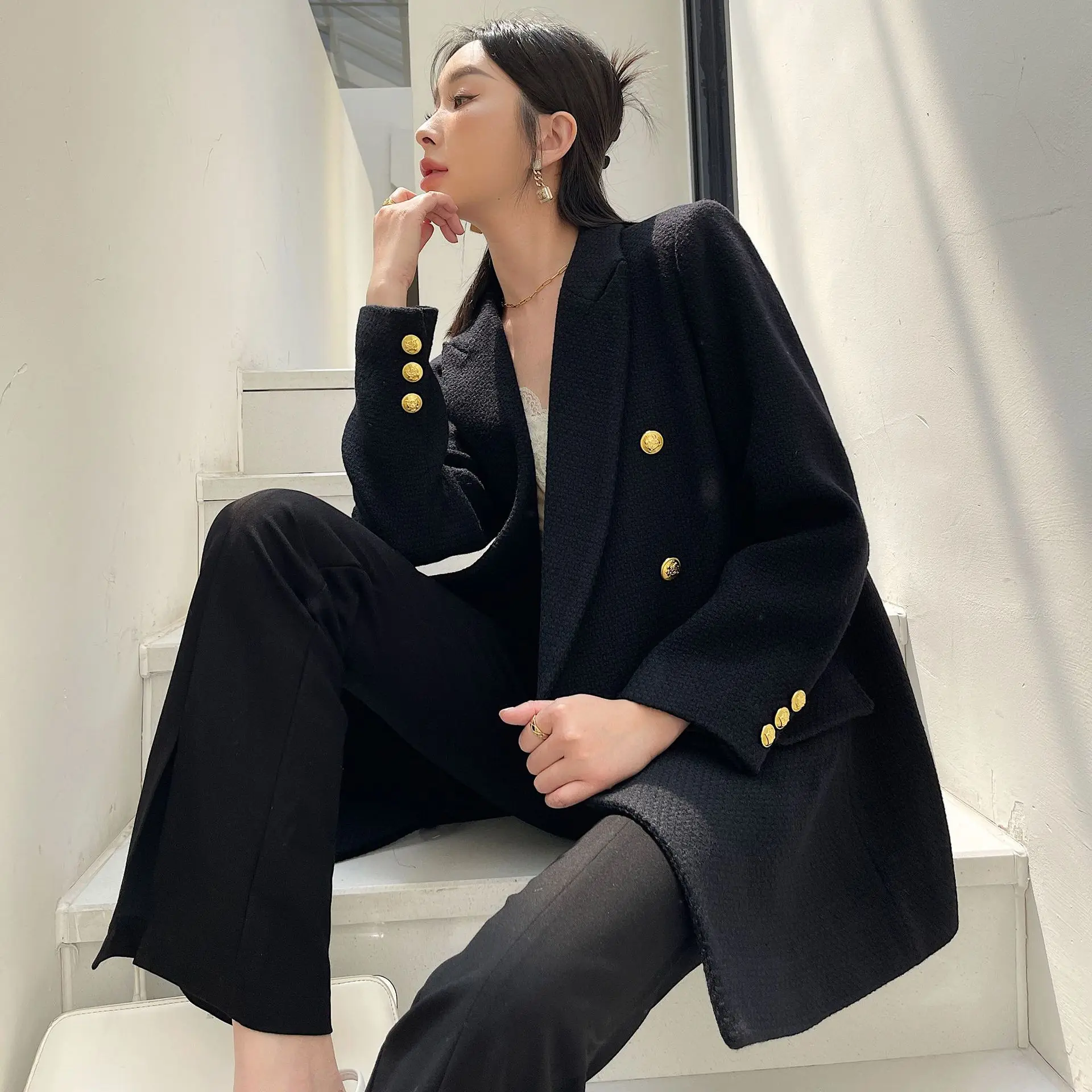 93.5% Wool Coat Women Fashion Double Breasted Tweed Loose Long Black Blazer Coat Jacket Flap Pocket Female Outerwear Chic