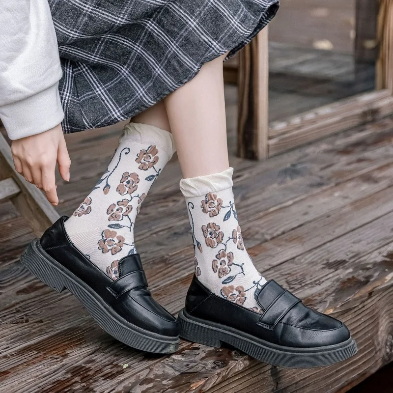 

Sweet Cute Girls Lacework Cotton Thermal Ruffle Frilly Socks Flower Harajuku Retro Woman Korean Fashion Long Tube Stockings