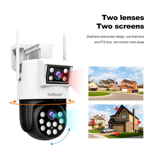 Srihome 4MP HD WiFi Dual Lens IP Camera Outdoor PTZ Cam AI