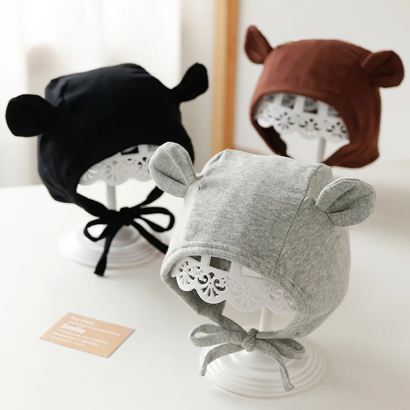 Korean Cute Cartoon Bunny Bear Ear Newborn Hat Beanie Spring Autumn Toddler Cap Turban with Strap for Infant Baby Boys Girls
