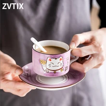 

Ceramic Cup Coffee And Saucer Set Cartoon Green Cat Lucky Mug Gift Box With Spoon Household Kitchen Utensils Cup Water Reusable
