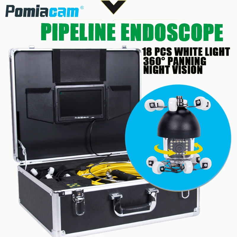 WP360 30 Meter 98Ft Pipe Inspection System industrial pipeline endoscope with 360degree panning camera with display monitor 5mm cable rob 23mm 1080p self leveling 512hz sonde pipe inspection camera system 10 monitor meter counter