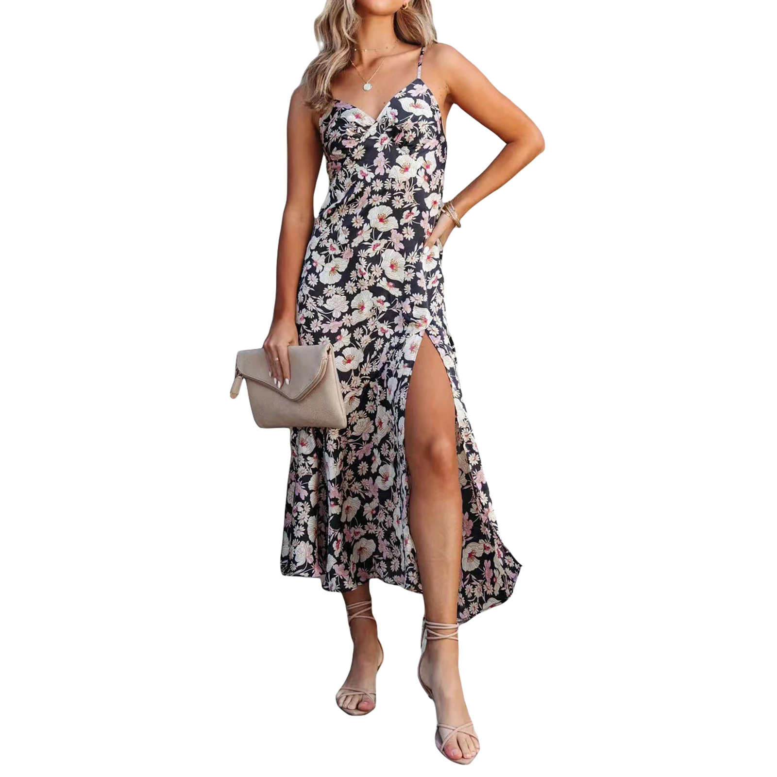 

Summer Women Fashion Spaghetti Straps Dress V-neck Floral Print Sleeveless Sexy Slit Long Dress for Cocktail Party