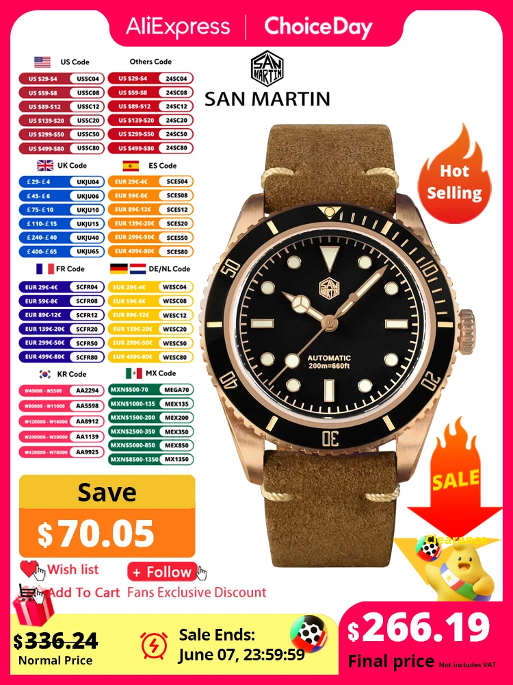 San Martin 38Mm Vintage 6200 Cusn8 Bronzen Duiker Luxe Heren Horloge Pt5000 Sw200 Saffier Automatische Mechanische 20bar Leren Band