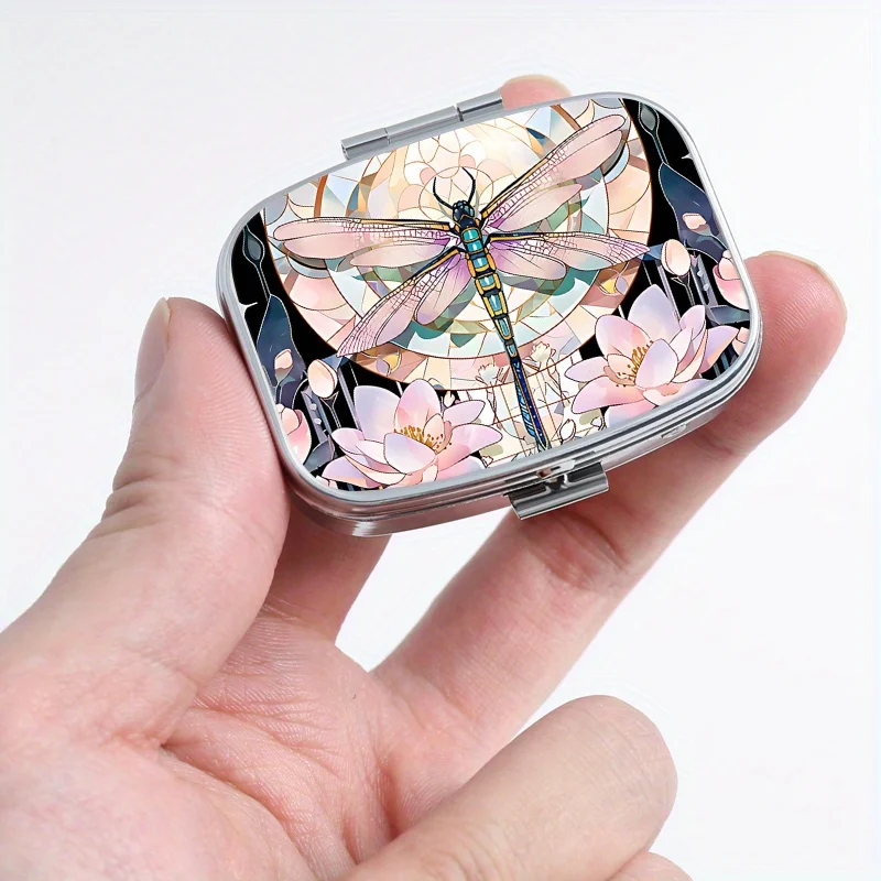 Square Medicine Box Dreamy Dragonfly Design 2-compartment Pill Organizer Stylish Metal Container Personal Medication