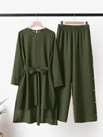 Eid Ramadan femmes Costume musulman deux pièces ensembles survêtement islamique Musulman Ensemble décontracté à manches longues Blouse jambe large pantalon costumes 1