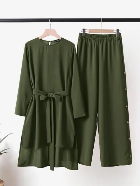 Eid Ramadan femmes Costume musulman deux pièces ensembles survêtement islamique Musulman Ensemble décontracté à manches longues Blouse jambe large pantalon costumes 1