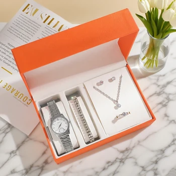 Fashionable Light Luxury Round Dial Alloy Strap Women's Quartz Watch Diamond Jewelry Set of 6, Suitable for Thanksgiving and Chr