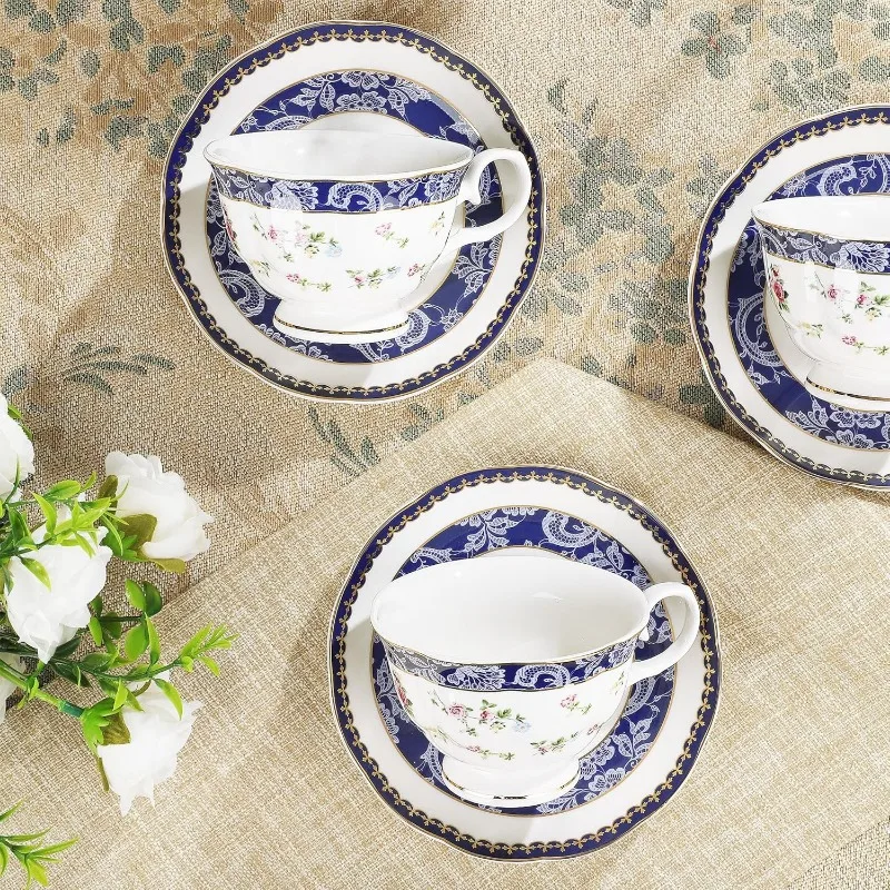 Bone China Tea Sets for Adults Porcelain Tea Service with Sugar Bowl & Creamer English Cremic Floral Cups Set of 6