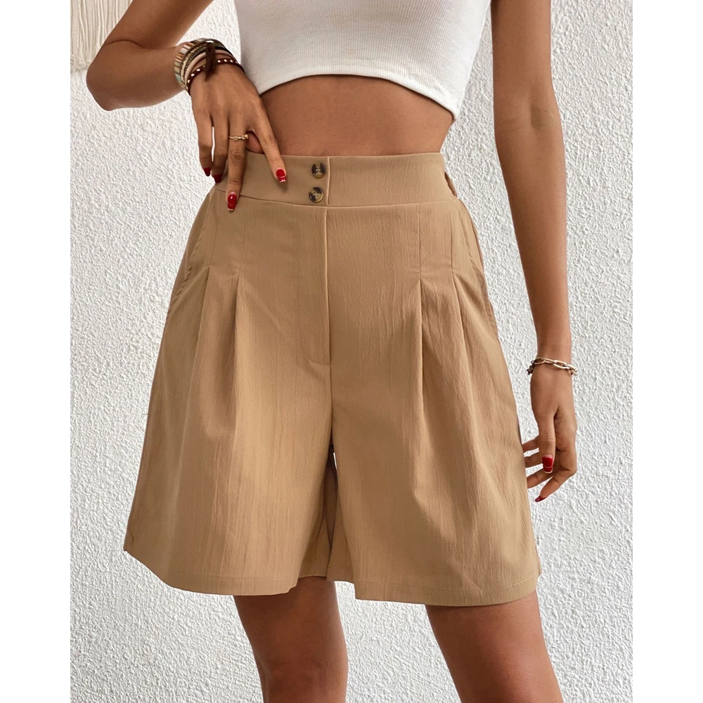 Summer Women Ruched Deisgn High Waist Shorts Female Casual Buttoned Wide Leg Elegant Korean Style Hot Pants Streetwear Outfits